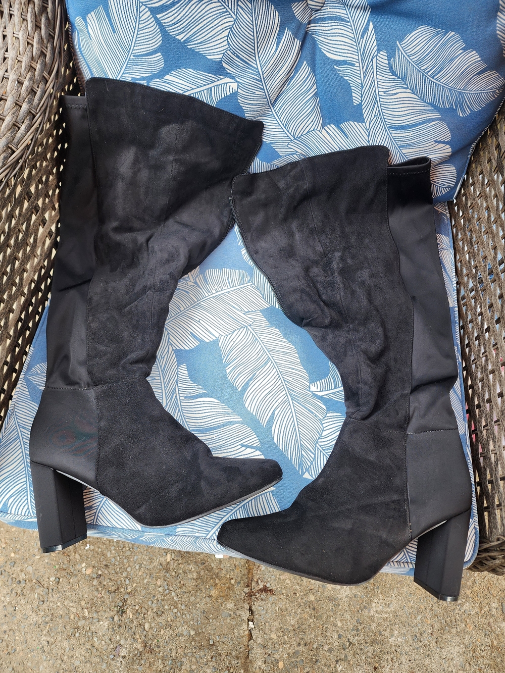 Black Suede Mid-Calf Block Heel Boots - Women